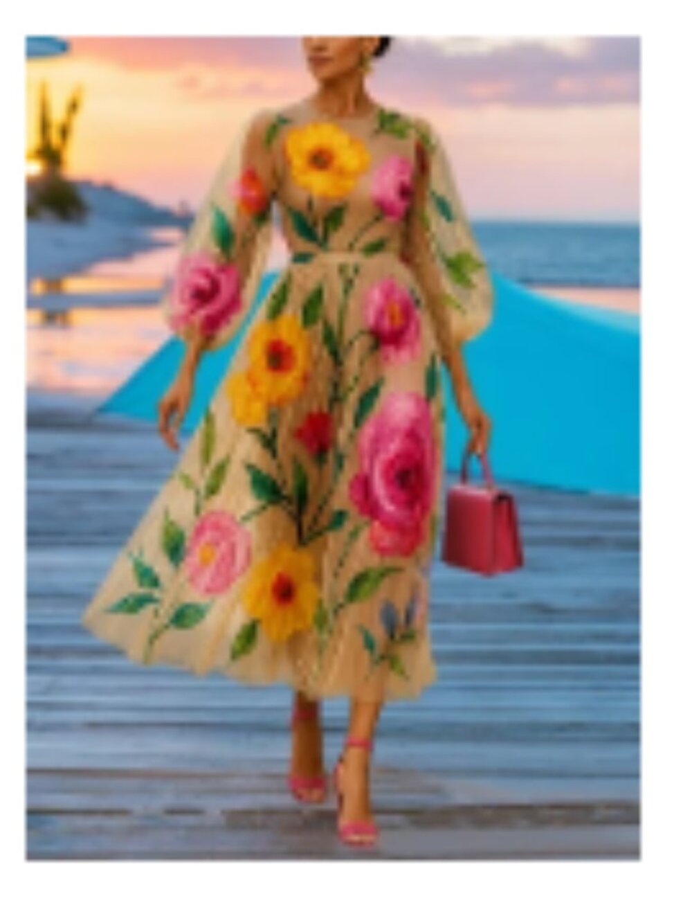 NWT Stylewe Elegant Floral Balloon Sleeve Printing Crew Neck Midi Dress Size XL